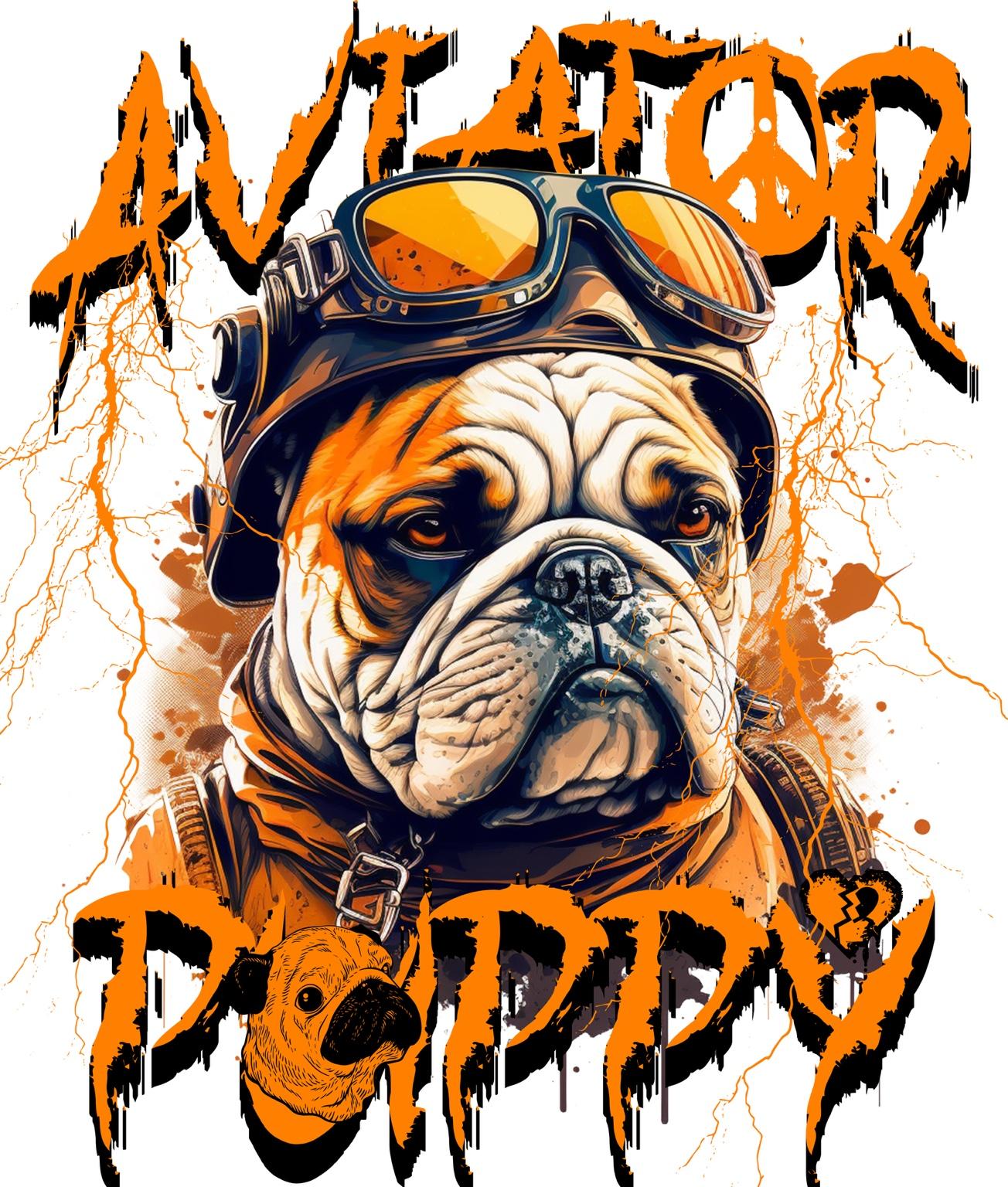 Diseño Aviator Puppy con bulldog aviador sobre fondo blanco, estilo callejero con gafas vintage y estética urbana