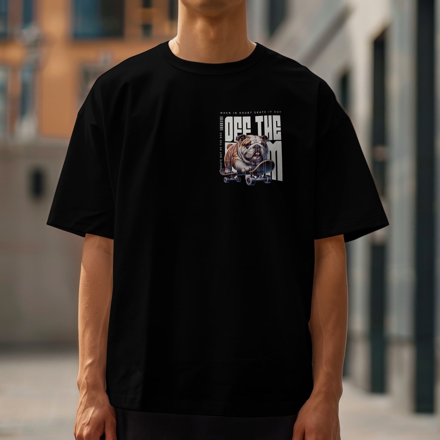 Chico con camiseta bulldog en monopatín – moda urbana perruna edición limitada