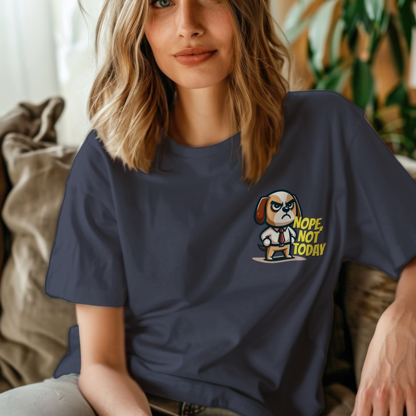 Camiseta navy con dibujo de perro serio y mensaje NOPE, NOT TODAY - mujer