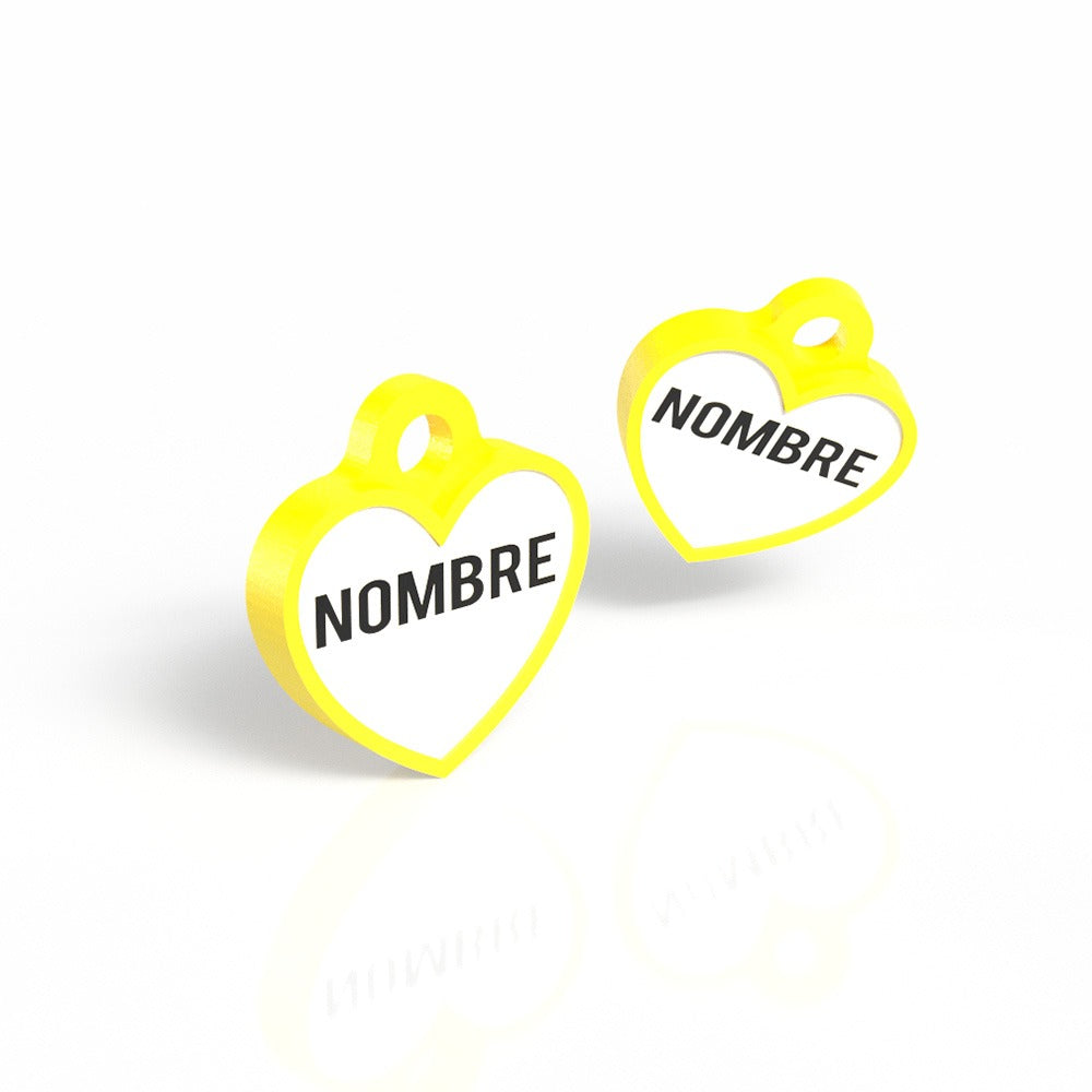 Chapita personalizada para perro en forma de corazón, color amarillo, con nombre grabado