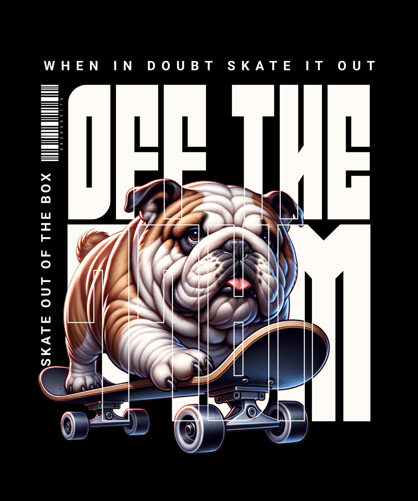 Ilustración original de bulldog con monopatín – diseño exclusivo Mira Qué Guau!