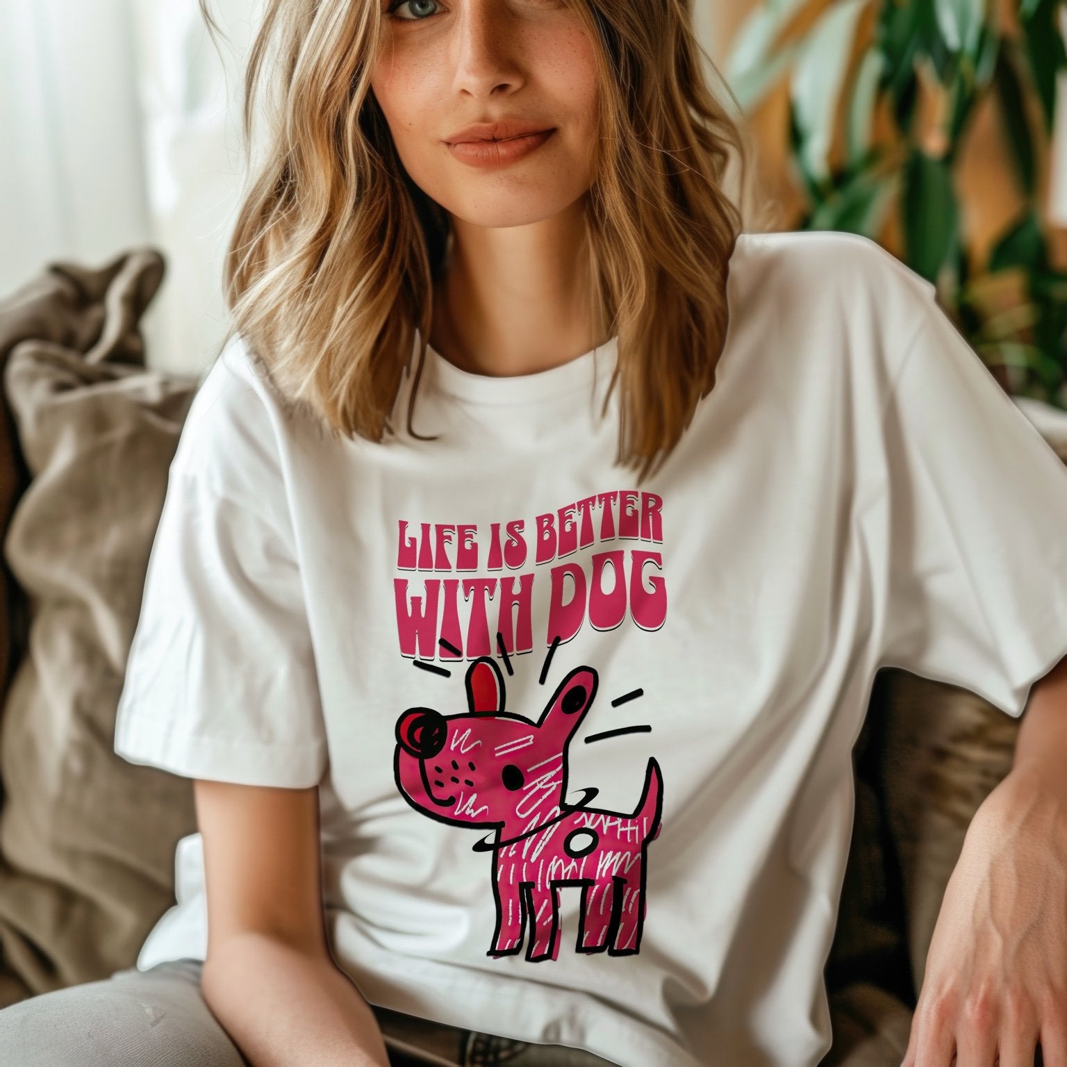 camiseta blanca con diseño 'Life is better with dog', mujer sentada en sofá
