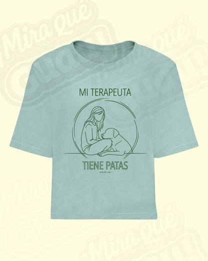 Camiseta Crop Holgada “Mi terapeuta tiene patas” Verde Agua