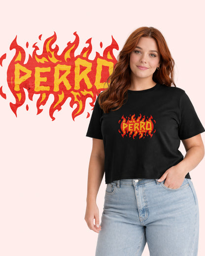 Camiseta Crop Holgada “PERRO Fuego” Negra