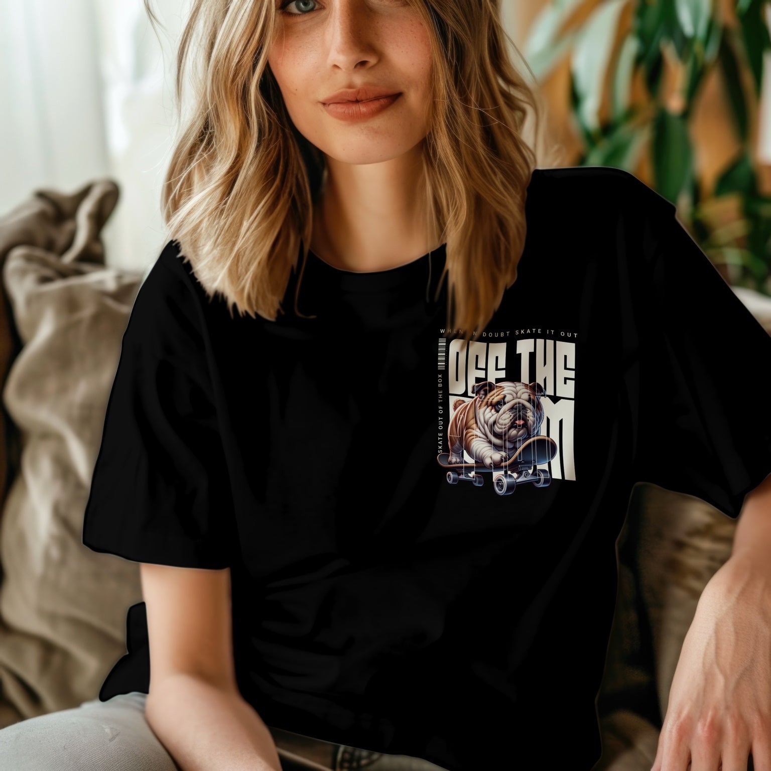 Mujer con camiseta negra oversize de bulldog skater – estilo streetwear perruno de Mira Qué Guau!