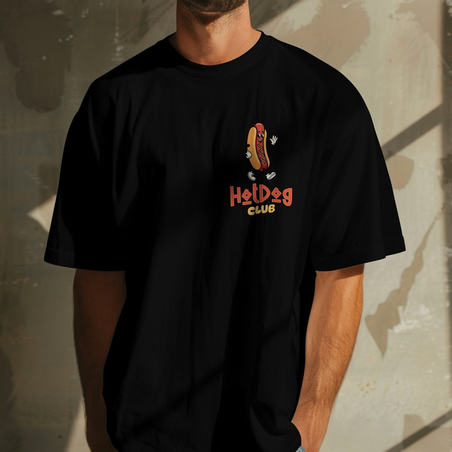 Vista trasera de camiseta negra Hot Dog Club de Mira Que Guau sin diseño visible