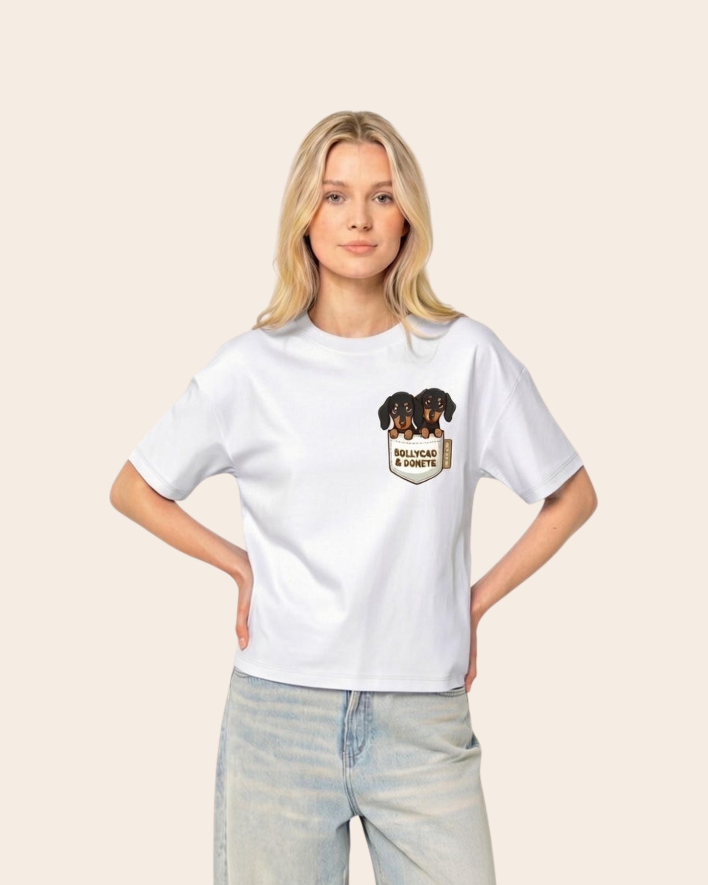 Camiseta  MUJER PUPPY POCKET corte oversize personalizada
