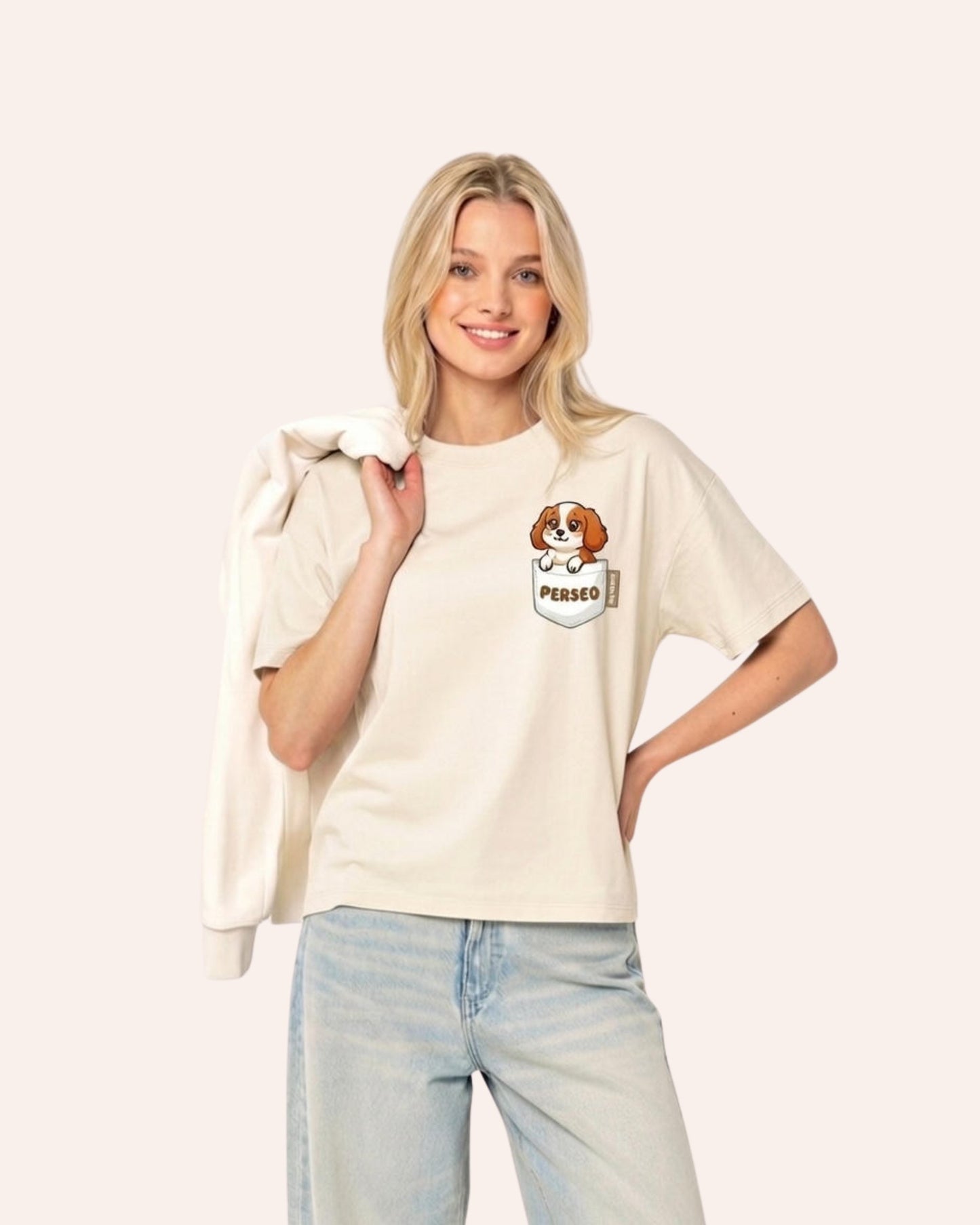 Camiseta  MUJER PUPPY POCKET corte oversize personalizada