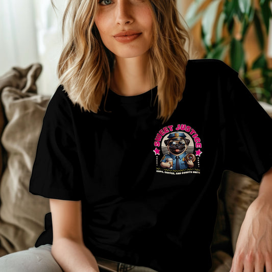 Chica con camiseta negra Sweet Justice sentada en sofá, diseño de perro policía