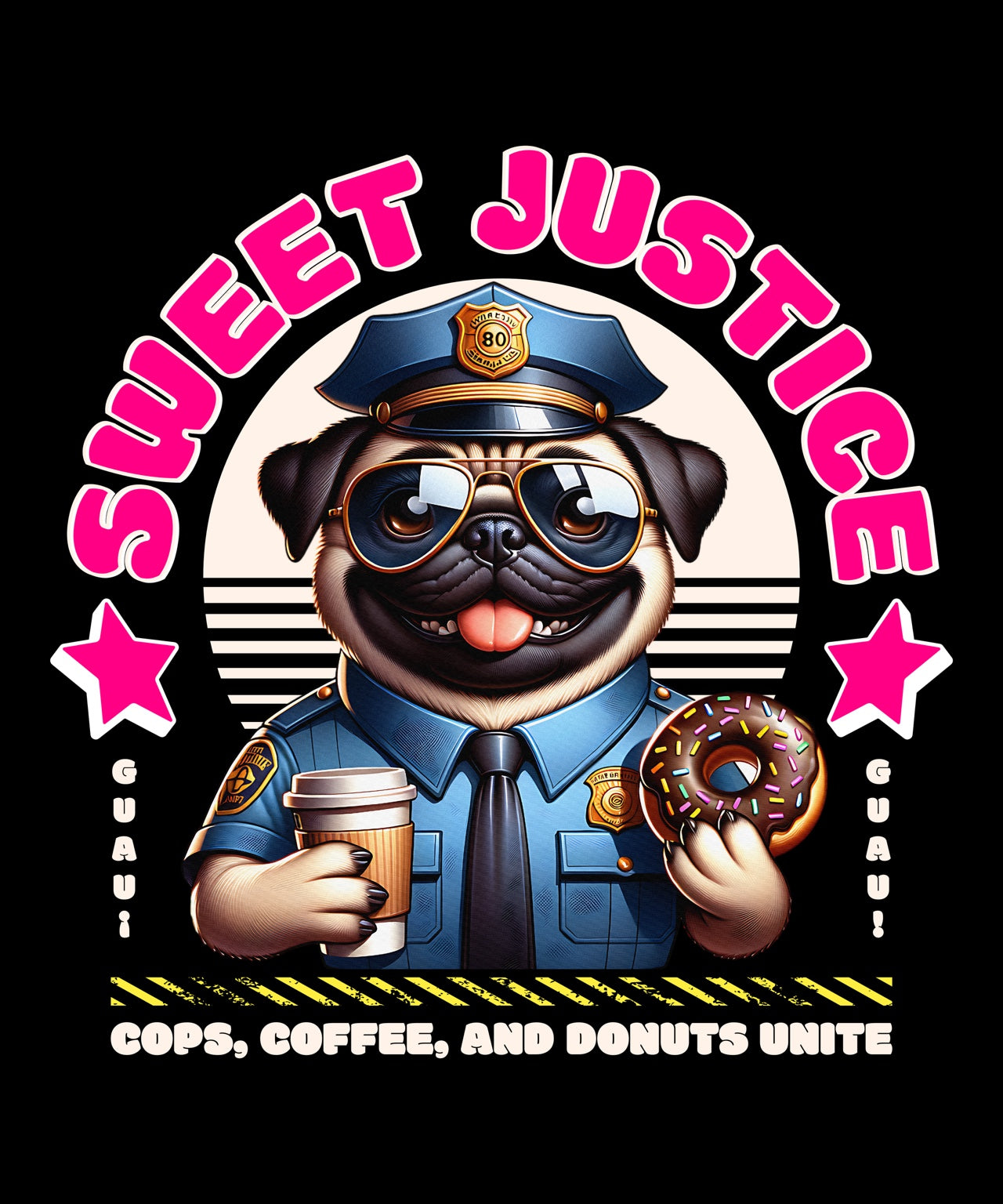 Diseño Sweet Justice con pug policía, café y donut, estilo divertido de Mira Qué Guau
	6.	camiseta-sweet-justice-miraqueguau-espalda.jpeg