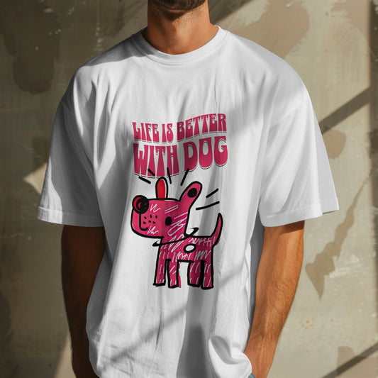 Diseño de camiseta con perro rosa estilo dibujo y texto 'Life is better with dog