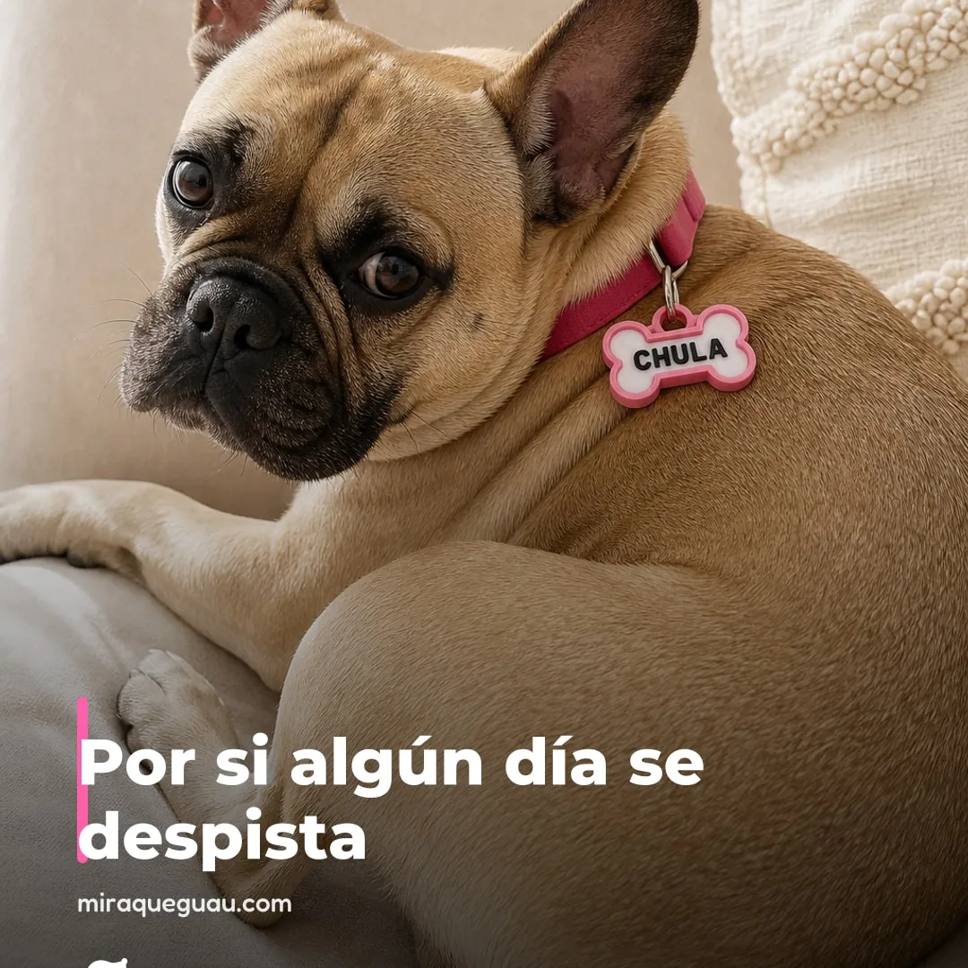 Su plan B va al cuello. 🐾
Por si algún día se despista
Diseña su chapita identi