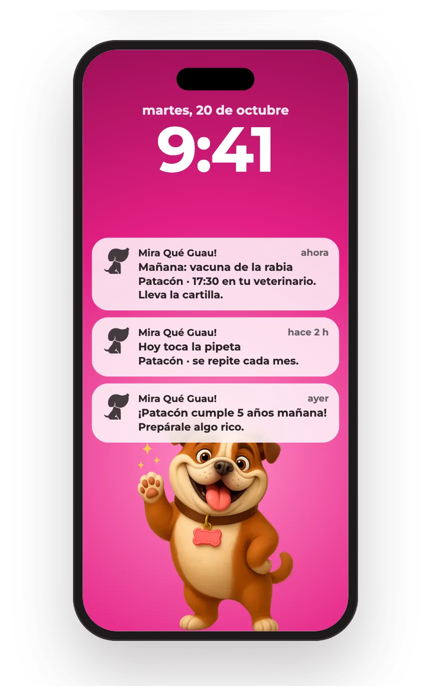 Pantalla de bloqueo del móvil con avisos de la agenda: vacuna, pipeta y cumpleaños