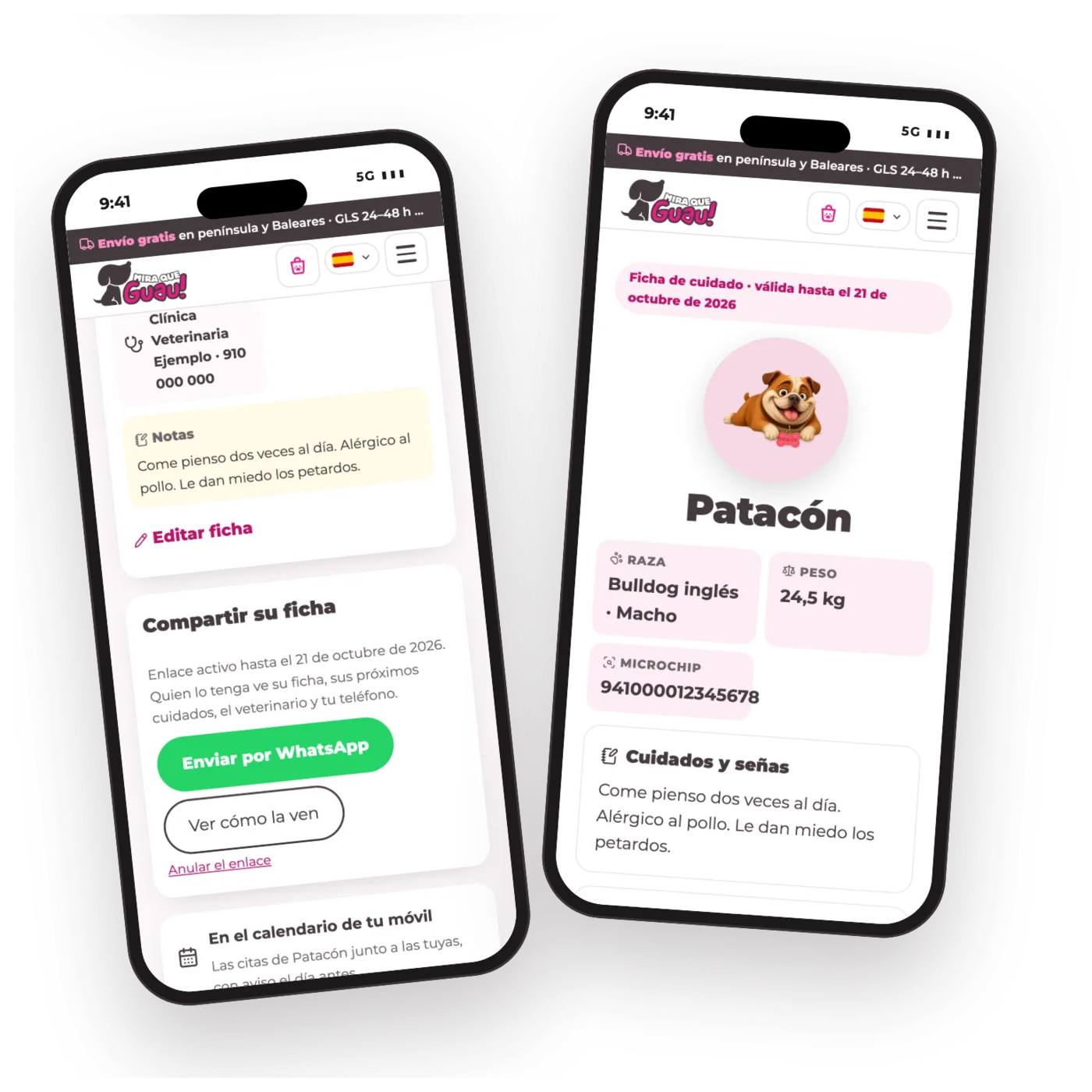 Compartir la ficha del perro: el enlace en Mi cuenta y la ficha de cuidado que ve el cuidador