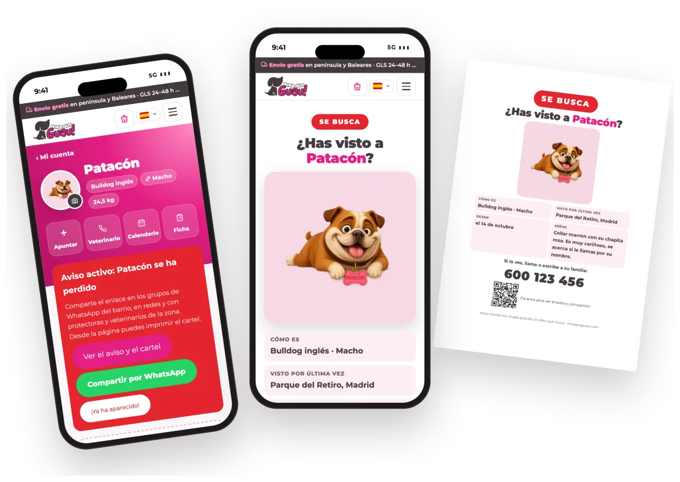 Aviso de perro perdido en el móvil: ficha con el aviso activo, página pública «Se busca» y cartel A4 para imprimir