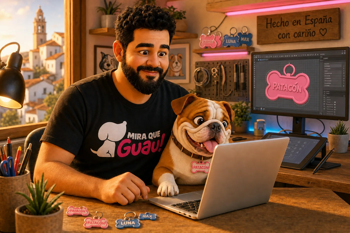 Ilustración de Duma Loor con la camiseta de Mira Qué Guau!, trabajando con su portátil en su estudio digital junto a Patacón, el bulldog de la marca, con una chapita rosa en diseño 3D en la pantalla