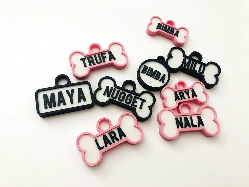 Chapitas de perro rosas y negras: Maya, Trufa, Lara, Nugget, Bimba y Nala