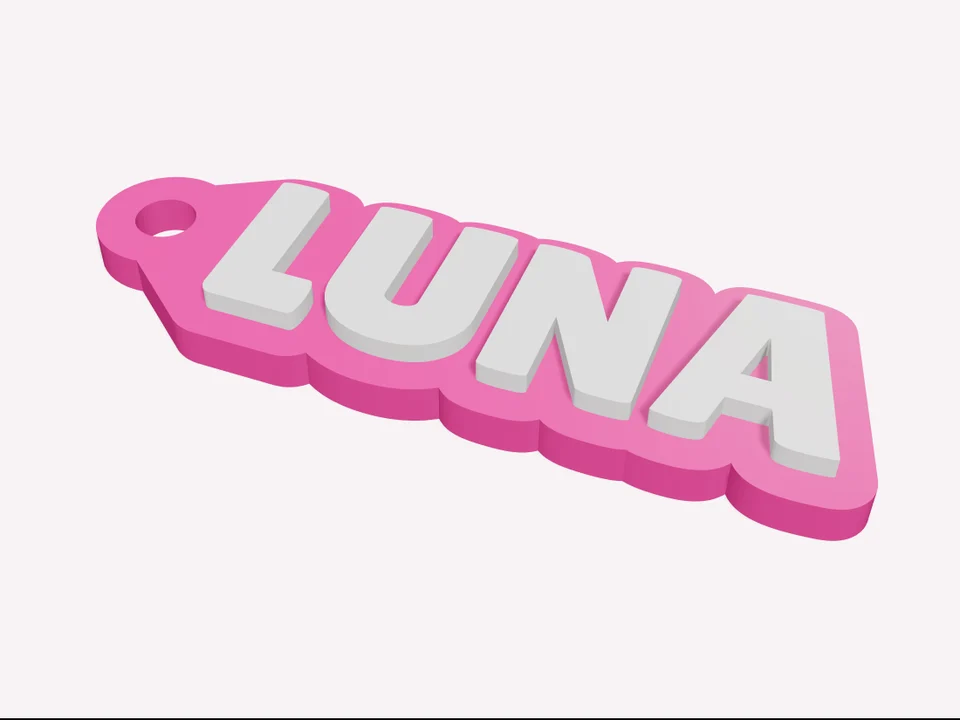 LUNA 3D-printed keyring: pink base and raised white letters