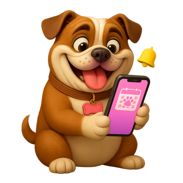 Patacón, la mascota de Mira Qué Guau!, mirando en el móvil la agenda de su perro