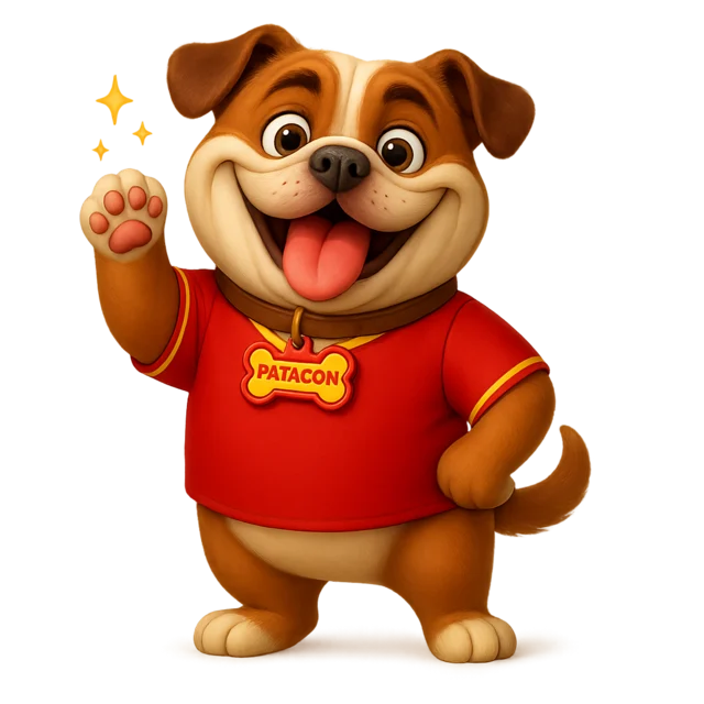 Patacón, la mascota de Mira Qué Guau!, con la camiseta roja de la Selección y su chapita de España